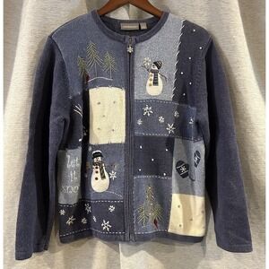 Croft & Barrow Christmas Cardigan Sweater Women L Zip Blue‎ Snowmen Snowflakes